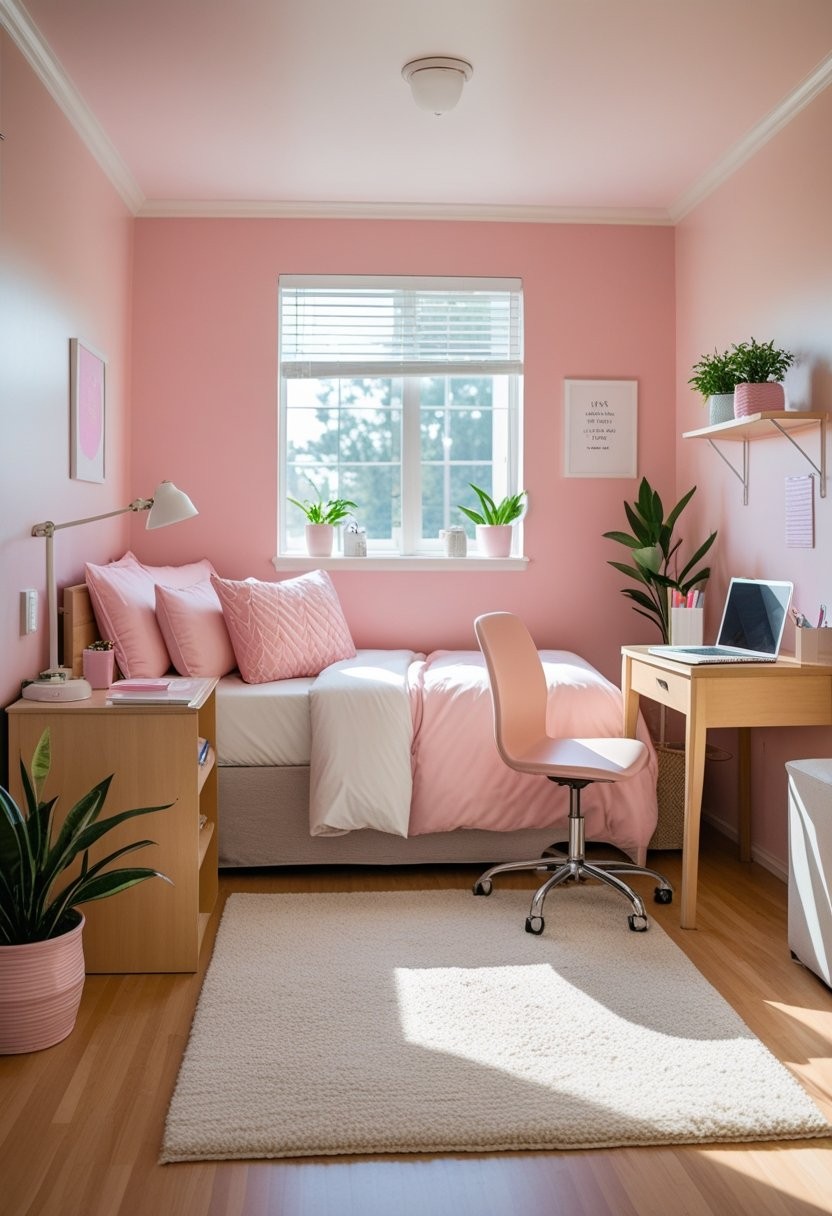 Bright modern student apartment bedroom with a bed, desk and window