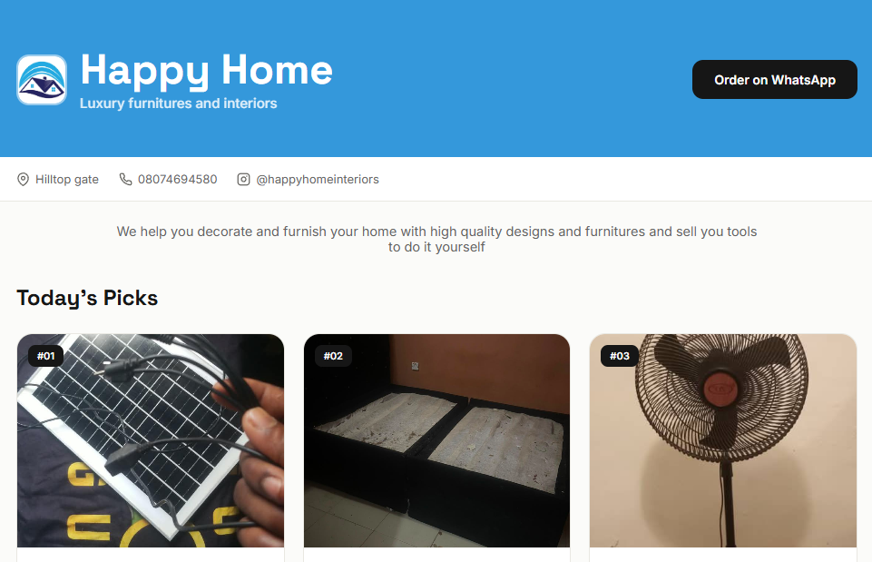 A LodgeSpot store page with a product grid and an Order on WhatsApp button